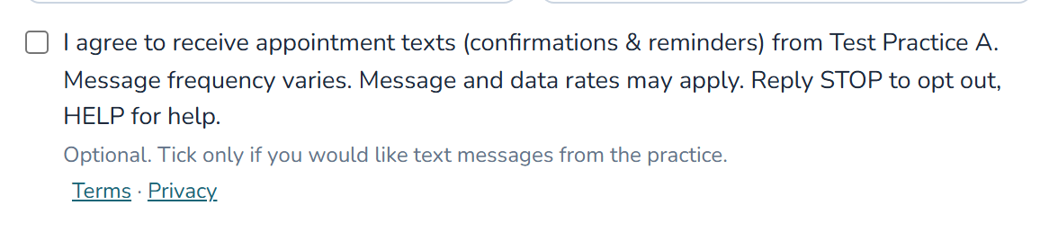 The same consent checkbox on the public online-booking page's details step, unchecked, with the identical first-person wording and the Terms and Privacy links.